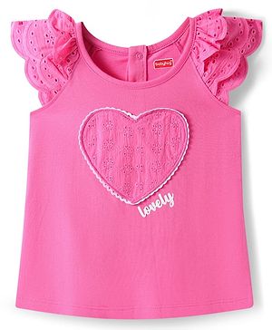 Babyhug Cotton Knit Frill Sleeves T-Shirt with Heart Lace Detailing & Text Print - Dark Pink