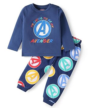 Babyhug Marvel Single Jersey knit Full Sleeves Night Suit with Avengers Graphics - Navy Blue