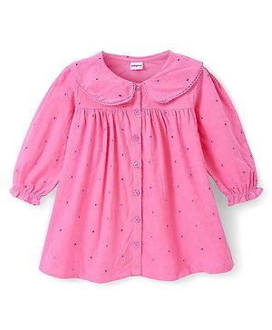 Babyhug Cotton Woven Full Sleeves Peter Pan Collar Frock with Floral Embroidery - Pink