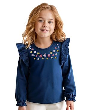 Babyhug Cotton Knit Full Peasant Sleeves Floral Embroidered Top with Frill Detailing - Navy Blue