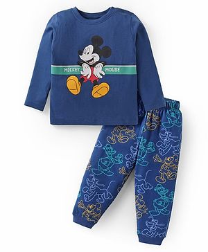 Babyhug Disney Single Jersey Knit Full Sleeves Night Suit with Mickey Mouse Graphics - Navy Blue
