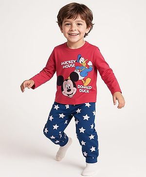 Babyhug Disney Single Jersey Knit Full Sleeves Night Suit with Mickey Mouse & Friends Graphics - Navy Blue & Red