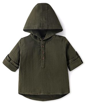 Babyhug Cotton Woven Full Sleeves Hooded Shirt - Olive Green