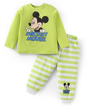 Babyhug Disney Single Jersey Knit Full Sleeves Night Suit with Mickey Mouse Graphics - Lime Green