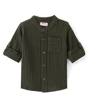 Babyhug Cotton Woven Full Sleeves Mandarin Collar Solid Colour Shirt - Olive Green