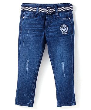 Babyhug Denim Full Length Washed Jeans & Belt With Stretch & Sport Badge - Blue