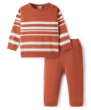 Bonfino 100% Cotton Knitted Full Sleeves Striped Sweater Set - Rust Orange & White