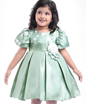 Babyhug Puffed Sleeves Party Wear Dress With Floral Printed Yoke & Flower Applique - Mint