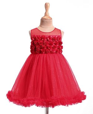 Babyhug Woven Sleeveless Mesh Party Dress with Floral Applique & Shimmer Detailing - Red