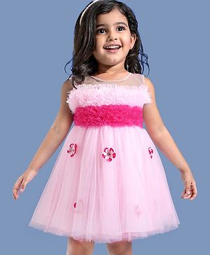 Babyhug Woven Sleeveless Mesh Party Dress with Ruffle Yoke & Floral Applique - Pink