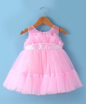 Babyhug Woven Sleeveless Fit & Flair Party Frock with Sequin Embroidery & Ruffle Detailing at Yoke - Pink