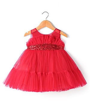 Babyhug Woven Sleeveless Fit & Flare Party Frock with Sequin Embroidery & Ruffle Detailing at Yoke - Red
