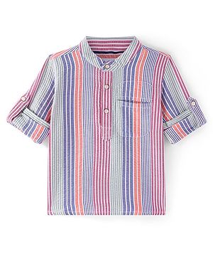 Babyhug Cotton Woven Full Sleeves Striped Mandarin Collar Kurta Style Shirt - Pink Purple &  Grey