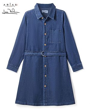 Arias 100% Cotton Woven Full Sleeves Solid Colour Denim Shirt Style Frock With Belt - Navy Blue