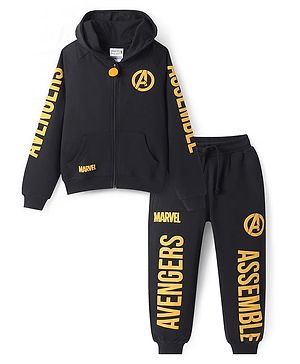 Pine Kids Marvel Terry Knit Full Sleeves Hooded Sweatshirt & Track Pant with Avengers Front and Back Graphics With Glitter Detailing - Black