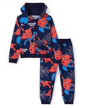 Pine Kids Marvel Terry Knit Full Sleeves Co-ord Hooded Sweatshirt & Track Pant with Spider Man Print - Navy