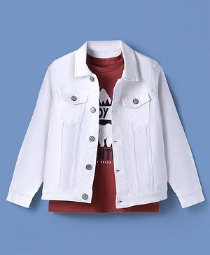 Arias Cotton Stretch Full Sleeves Washed Denim Jacket with Text Printed T-Shirt -  White