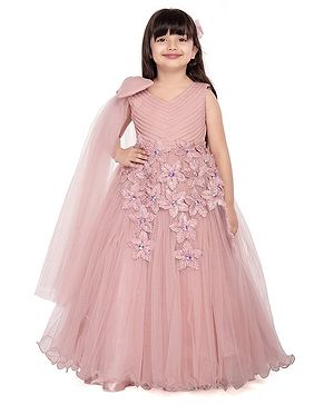 Betty By Tiny Kingdom Sleeveless Bodice Pleated Floral Applique Party Gown With Attached Long Sleeves - Peach