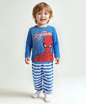 Babyhug Marvel Single Jersey Full Sleeves Night Suit with Spiderman Graphic - Blue