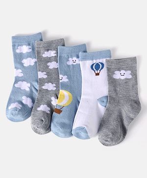 Cute Walk by Babyhug Cotton Knit Anti-Bacterial Ankle Length Cloud & Parachute Designed Socks Pack of 5 - Light Blue Grey & White