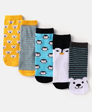 Cute Walk By Babyhug Cotton Knit Anti-Bacterial Ankle Length Socks With Animal & Stripe Design Pack Of 5 - Yellow White & Blue