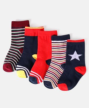 Cute Walk by Babyhug Cotton Knit Anti-Bacterial Ankle Length Stripes & Star Designed Socks Pack of 5 - Red & Black