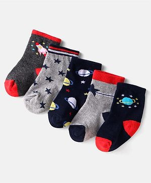 Cute Walk by Babyhug Knit Antibacterial Ankle Length Socks with Polka Dot & Star Print Pack of 5 - Navy & Light Grey