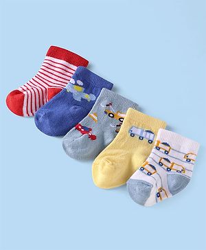Cute Walk By Babyhug Cotton Knit Anti-Bacterial Ankle Length Socks With Stripe & Vehicle Design Pack Of 5 - Yellow Blue & Grey