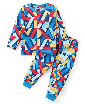 Babyhug Cotton Knit Full Sleeves Printed Night Suit - Navy