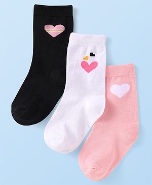 Cute Walk by Babyhug Knit Ankle Length Socks With Heart Design Pack of 3 - Black White & Pink