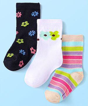 Cute Walk by Babyhug Knit Ankle Length Socks With Floral Design Pack of 3 - Black White & Peach