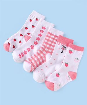 Cutewalk by Babyhug Non Terry Knit Anti-bacterial Ankle Length Socks with Floral & Fruits Design Pack of 5 - White & Pink