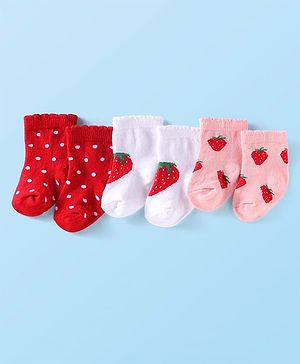 Cutewalk by Babyhug Non Terry Knit Anti-bacterial Ankle Length Socks With Polka Dots & Strawberry Design Pack of 3 - Red White & Pink