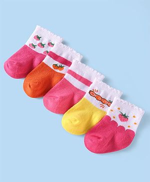Cute Walk By Babyhug Cotton Knit Anti-Bacterial Ankle Length Socks With Fruits & Color Block Design Pack Of 5 - Pink Yellow & Red