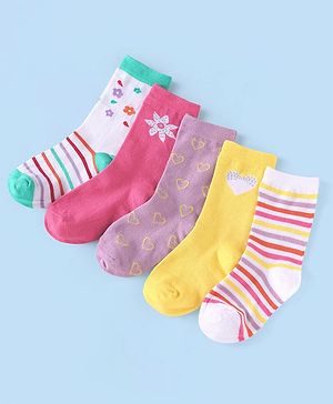 Cute Walk by Babyhug Cotton Knit Anti-Bacterial Ankle Length Heart Flower & Stripe Designed Socks Pack of 5 - Yellow Pink & White