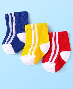 Cute Walk by Babyhug Knit Ankle Length Striped Socks Pack of 3 - Blue Yellow & Red