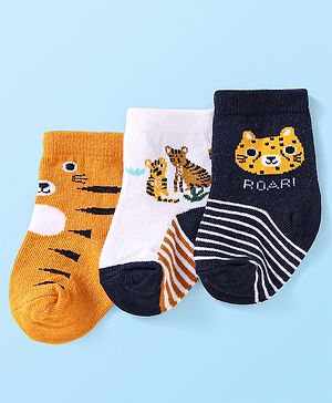 Cute Walk by Babyhug Knit Ankle Length Socks with Tiger Design Pack of 3 - Orange White & Navy Blue