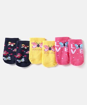 Cutewalk by Babyhug Non Terry Knit Anti-bacterial Ankle Length Socks With Butterfly Design Pack of 3 - Yellow Black & Pink