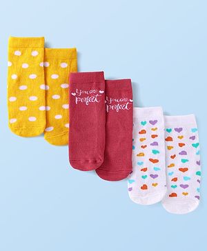 Cute Walk by Babyhug Cotton Knit Anti-Bacterial Ankle Length Polka Dots Text & Heart Designed Socks Pack of 3 - White Yellow & Maroon