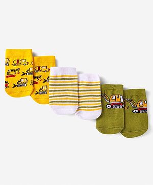 Cute Walk By Babyhug Cotton Knit Anti-Bacterial Ankle Length Stripes & Vehicle Designed Socks Pack Of 3 - Yellow White & Green