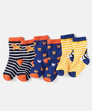 Cute Walk by Babyhug Knit Ankle Length Striped Socks With Animal Design Pack of 3 - Black Blue & Yellow