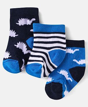 Cute Walk by Babyhug Cotton Knit Anti-Bacterial Ankle Length Dino & Stripe Designed Socks Pack of 3 - Blue White & Black