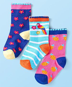Cute Walk by Babyhug Knit Ankle Length Socks With Floral & Fruit Design Pack of 3 - Dark Pink Light Blue & Navy Blue
