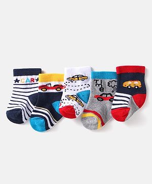 Cute Walk by Babyhug Cotton Knit Anti-Bacterial Ankle Length Car & Stripe Designed Socks Pack of 5 - Grey Blue & Red