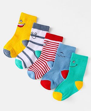 Cute Walk by Babyhug Knit Ankle Length Socks With Smiley Design Pack of 5 - Green Yellow & Red
