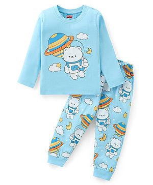 Babyhug Cotton Knit Full Sleeves Night Suit with Bear Print - Sky Blue