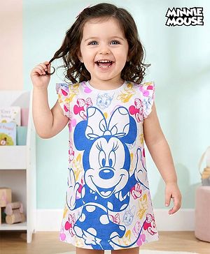 Babyhug Disney Single Jersey Knit Frill Sleeves Nighty With Minnie Mouse Graphics - White