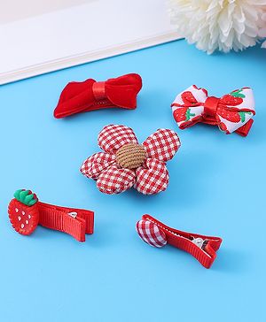 Babyhug Hair Pins And Clips with Floral & Strawberry Applique Free Size Pack of 5 - Red
