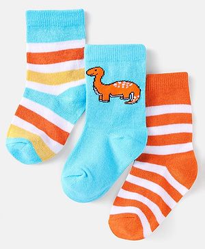 Cute Walk by Babyhug Cotton Knit Anti-Bacterial Ankle Length Dino & Stripe Designed Socks Pack of 3 - Orange & Blue