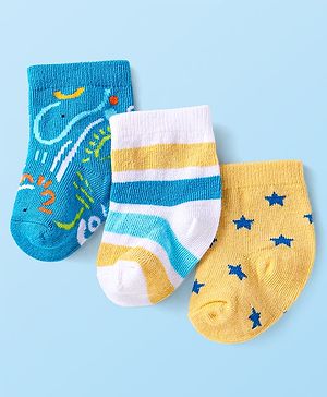 Cute Walk by Babyhug Knit Ankle Length Socks With Animal & Star Design - Blue White & Yellow